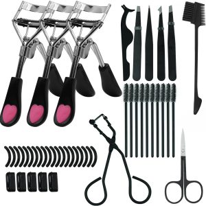 46 in 1 Eyelash Curlers with Comb Kit,Eyelash Curlers Set with Mini Eyelash Curler, Eyelash Extension Tweezers,Eyebrow Brush,Eyelash Brush,Eyelashe Scissors and Silicone Refills for Lash Brow