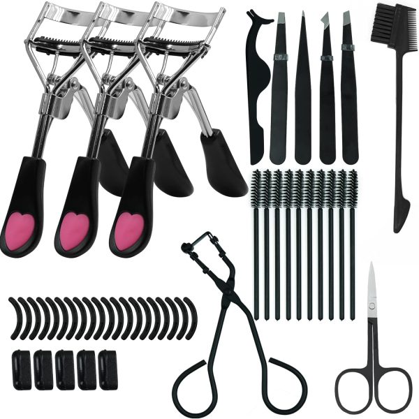 46 in 1 Eyelash Curlers with Comb Kit,Eyelash Curlers Set with Mini Eyelash Curler, Eyelash Extension Tweezers,Eyebrow Brush,Eyelash Brush,Eyelashe Scissors and Silicone Refills for Lash Brow