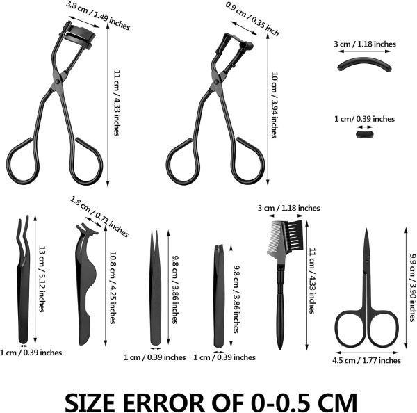 48 Pieces Eyelash Curler Makeup Tools Set, Include Mini Eyelash Curler Kit, Eyebrow and Eyelash Extension Tweezers, Eyelash Eyebrow Brush Comb and Eyelashes Scissors, Silicone Refill Pads (Black) - Image 2