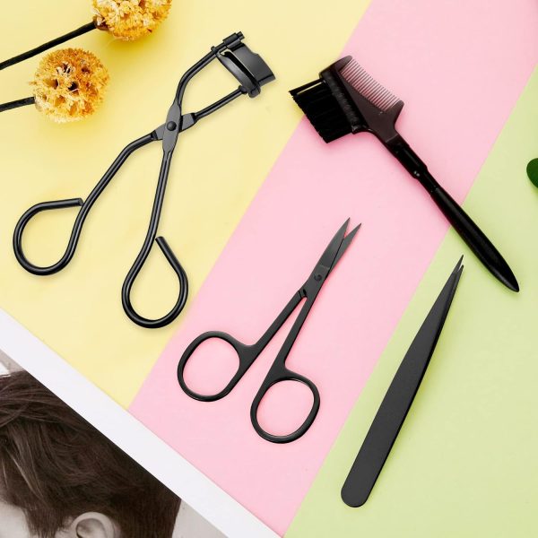 48 Pieces Eyelash Curler Makeup Tools Set, Include Mini Eyelash Curler Kit, Eyebrow and Eyelash Extension Tweezers, Eyelash Eyebrow Brush Comb and Eyelashes Scissors, Silicone Refill Pads (Black) - Image 4