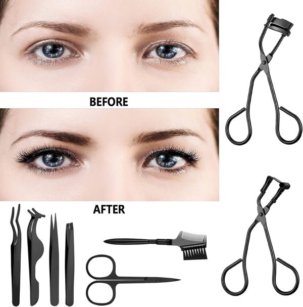 48 Pieces Eyelash Curler Makeup Tools Set, Include Mini Eyelash Curler Kit, Eyebrow and Eyelash Extension Tweezers, Eyelash Eyebrow Brush Comb and Eyelashes Scissors, Silicone Refill Pads (Black) - Image 5