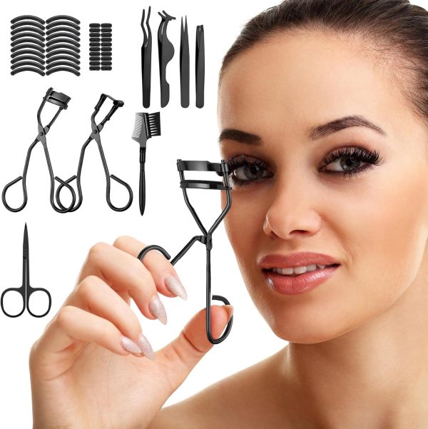 48 Pieces Eyelash Curler Makeup Tools Set, Include Mini Eyelash Curler Kit, Eyebrow and Eyelash Extension Tweezers, Eyelash Eyebrow Brush Comb and Eyelashes Scissors, Silicone Refill Pads (Black) - Image 6