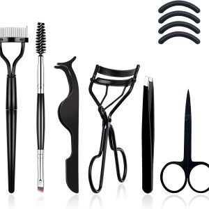 EBANKU 7pcs Eyelash Comb Brush Tools Eyebrow Brush Comb Eyelash Separator Tool Professional Eye Brow Spoolie Brushes for Makeup Grooming Eyelash Curler Silicone Refill Pads Tweezers Scissors