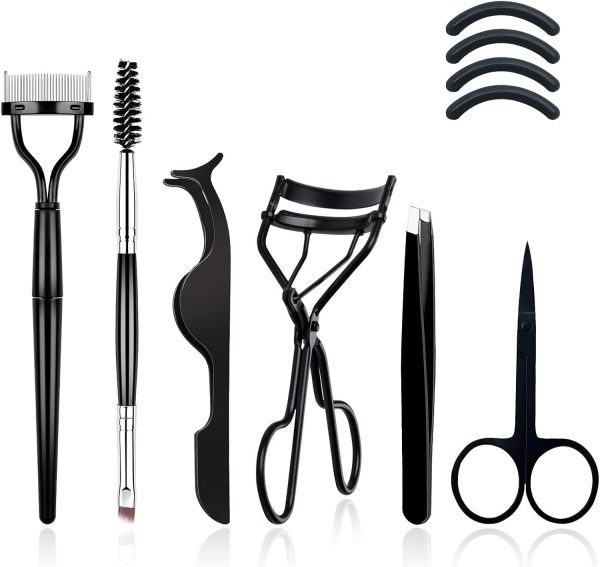 EBANKU 7pcs Eyelash Comb Brush Tools Eyebrow Brush Comb Eyelash Separator Tool Professional Eye Brow Spoolie Brushes for Makeup Grooming Eyelash Curler Silicone Refill Pads Tweezers Scissors