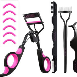 Eyelash Curler Kit, Docolor 4 in 1 Lash Curler Kit, Eyelash Comb Eyelash Extension Tweezers Eyebrow Brush and Comb with 6 Extra Replacement Refill Pads Eyelash Applicator Makeup Tool