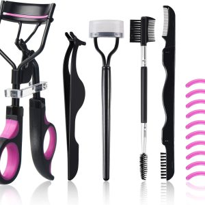 Eyelash Curlers Kit for Women w Lash Curler, Eyelash Comb Seperator, 3 in1 Mascara Brushes, Eyelash Extension Tweezers, Foldable Eyebrow Brush and Comb, 10 Silicone Refills Pads for Natural Eyelashes