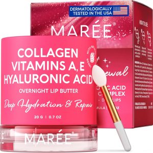MAREE Lip Mask with Hyaluronic Acid & Coconut Oil - Overnight Collagen Lip Butter to Nourish & Hydrate Dry Cracked Lips - Moisturizer for Skin Care with Shea & Cocoa Butter - Sleeping Lip Butter Balm