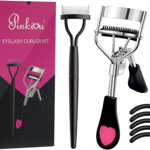 Pinkiou Eyelash Curlers with Comb and Eeylash Separator Set Professional Lash Curler with Built-in Comb Ergonomic Heart-Shaped Handle and Eyelash Comb Tool for Daily Makeup