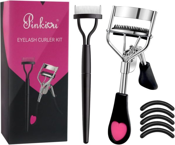 Pinkiou Eyelash Curlers with Comb and Eeylash Separator Set Professional Lash Curler with Built-in Comb Ergonomic Heart-Shaped Handle and Eyelash Comb Tool for Daily Makeup